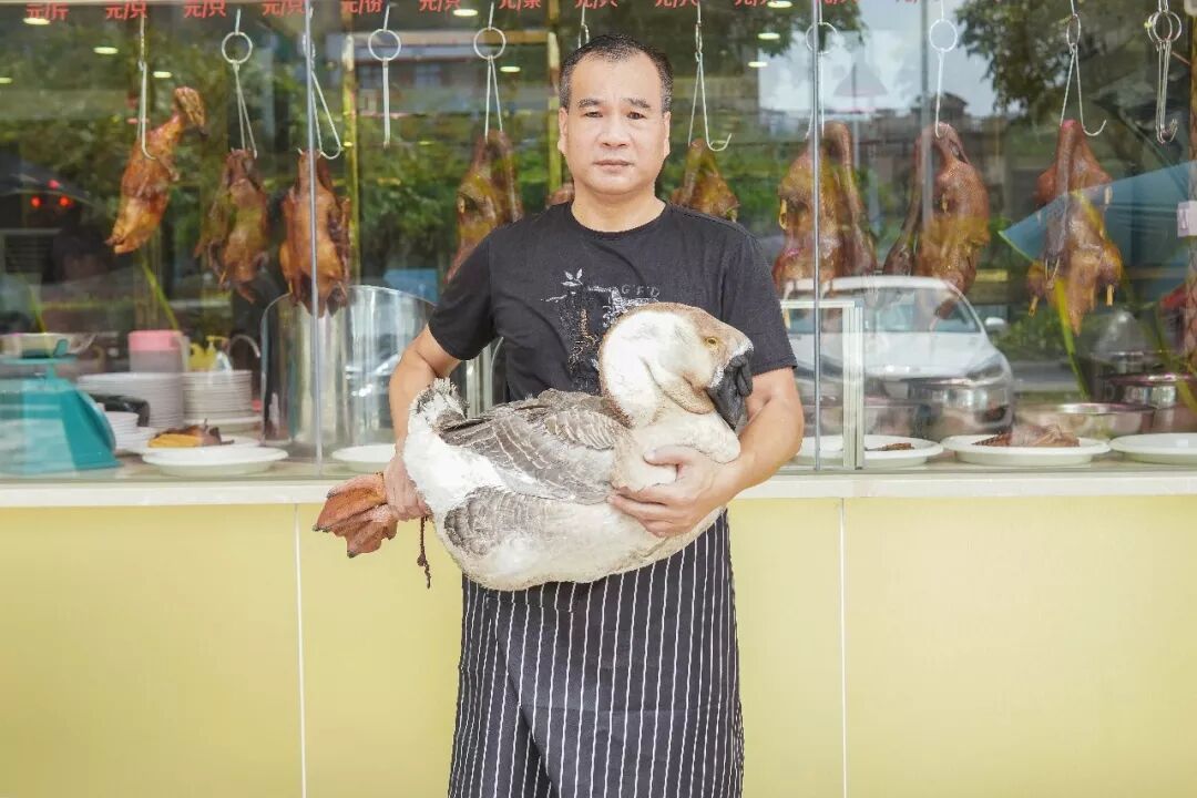 陆师傅站在门店明档前，怀抱一只潮汕狮头鹅